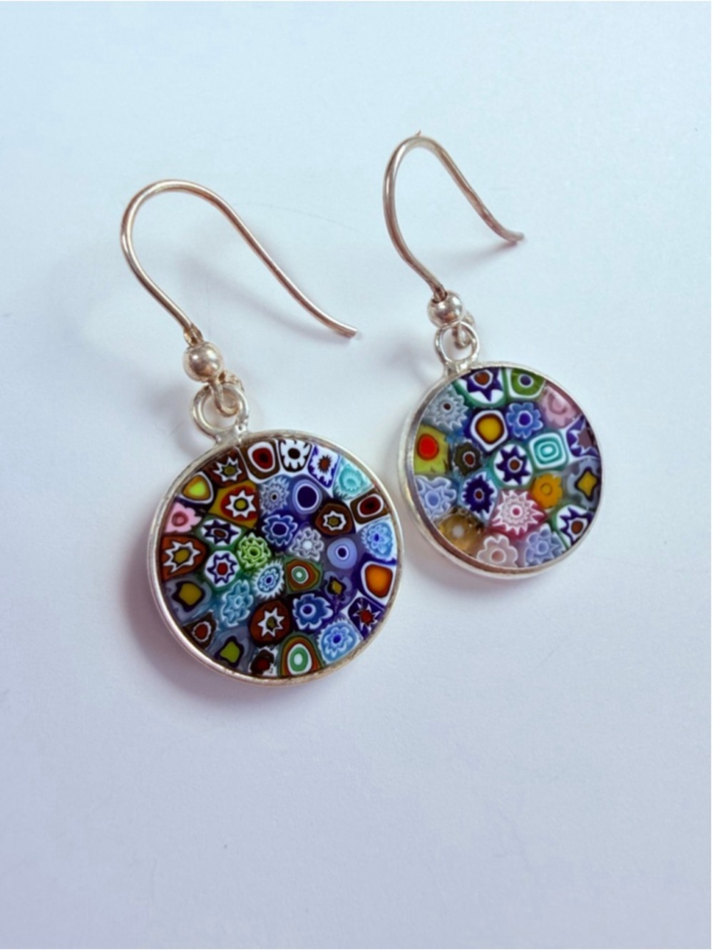 Venetian Murano Glass Millefiori 925 Sterling Silver Dangle Disc Earrings Italy - Picture 2 of 7